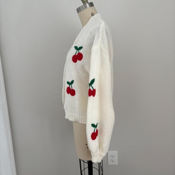 SHEIN Women's Off-White Cardigan with Cherry Print Size Medium - Picture 2 of 8